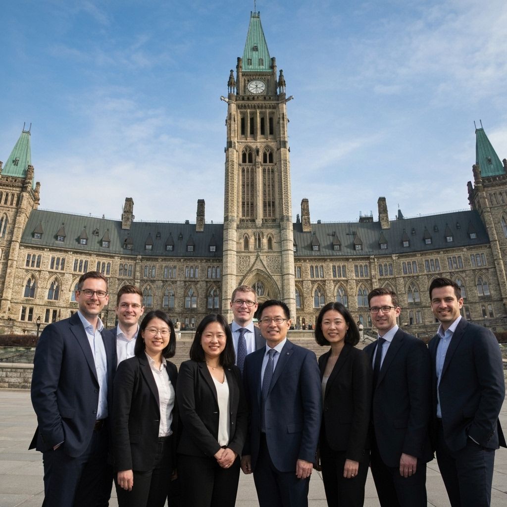 Canadian Parliament building with defence industry elements representing ITB policy reform