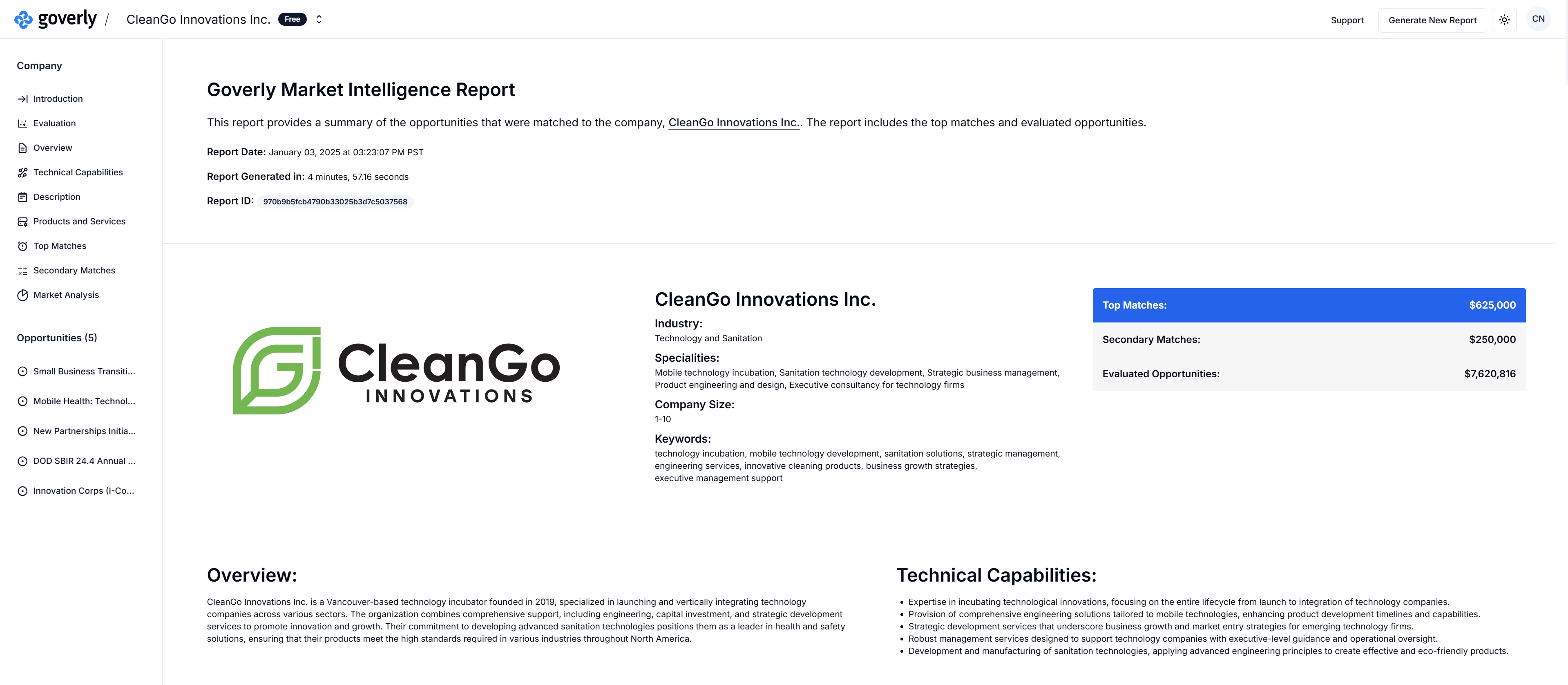Detailed market intelligence report showing government contract opportunities with match scores and analytics